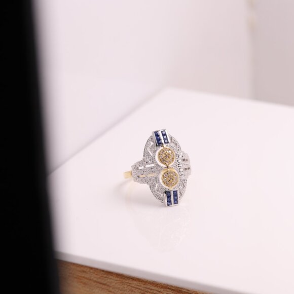 Vintage Art deco Ring Natural Blue Sapphire and Diamonds 18k and silver - Picture 12 of 14